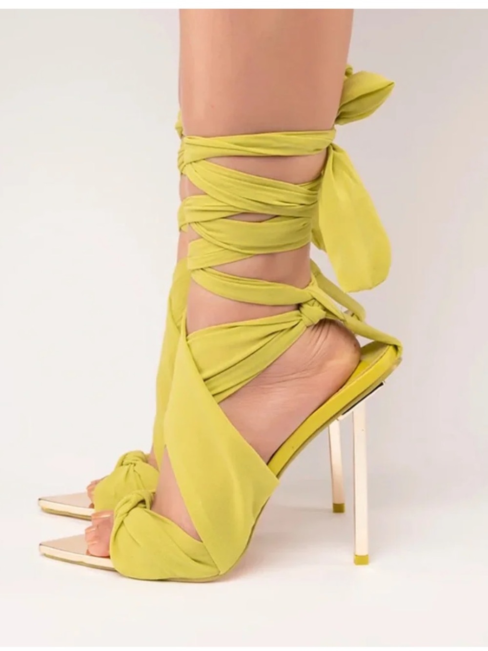 Public Desire Huni Chartreuse Chiffon Ribbon Tie Up Lace-Up Sandals - Picture 2 of 8